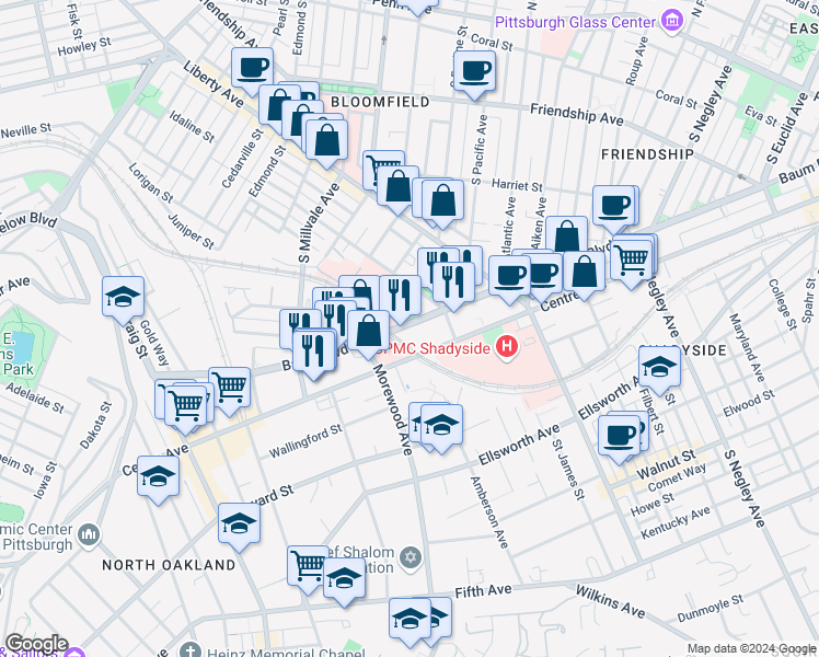map of restaurants, bars, coffee shops, grocery stores, and more near 5000 Baum Boulevard in Pittsburgh