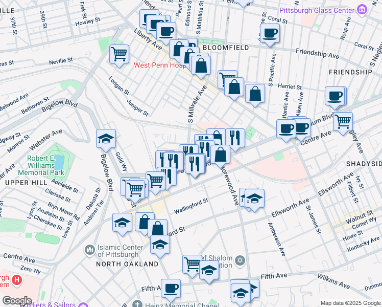 map of restaurants, bars, coffee shops, grocery stores, and more near 760 Broughton Street in Pittsburgh