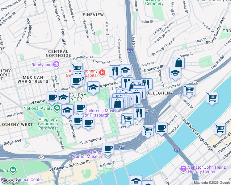 map of restaurants, bars, coffee shops, grocery stores, and more near 820 James Street in Pittsburgh