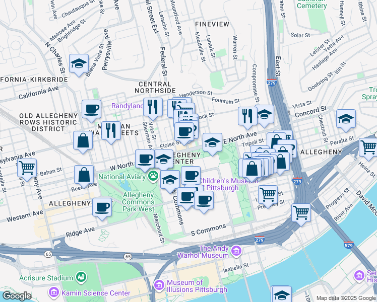 map of restaurants, bars, coffee shops, grocery stores, and more near in Pittsburgh