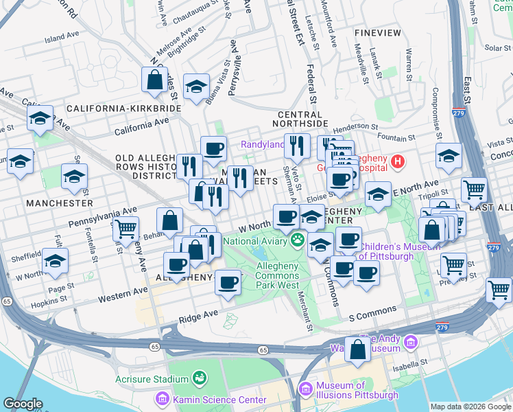 map of restaurants, bars, coffee shops, grocery stores, and more near in Pittsburgh