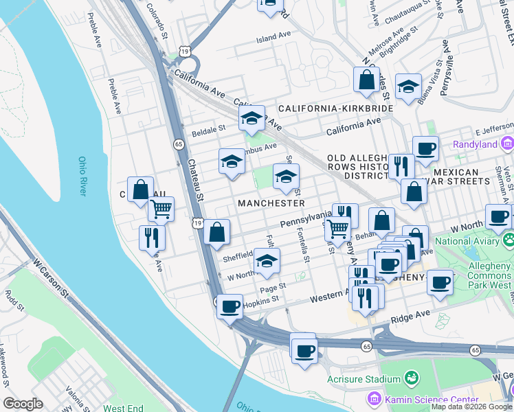 map of restaurants, bars, coffee shops, grocery stores, and more near 1301 Liverpool Street in Pittsburgh