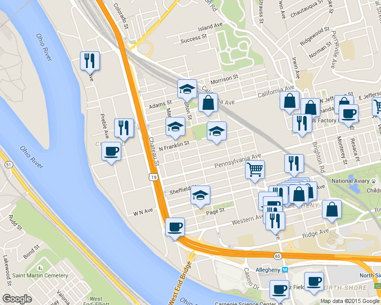 map of restaurants, bars, coffee shops, grocery stores, and more near 1335 Liverpool Street in Pittsburgh