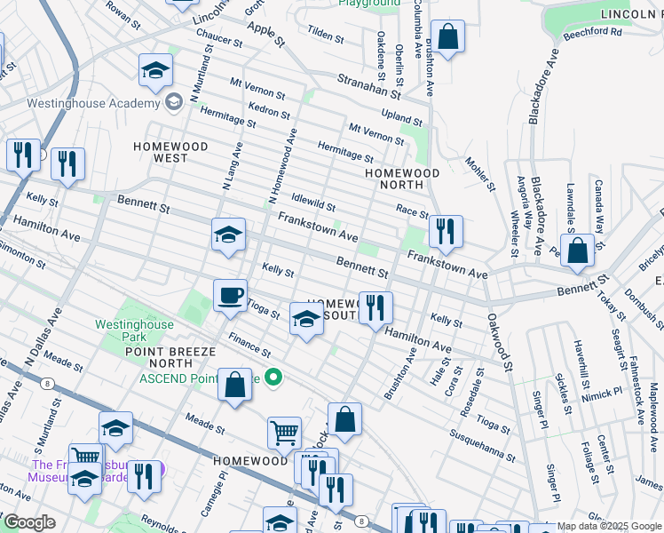 map of restaurants, bars, coffee shops, grocery stores, and more near 7350 Fleury Way in Pittsburgh