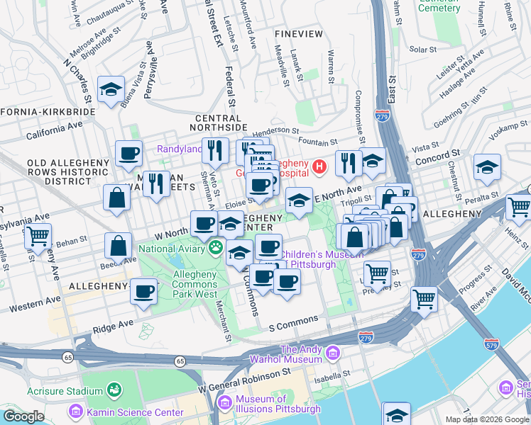 map of restaurants, bars, coffee shops, grocery stores, and more near W North Ave & Federal St in Pittsburgh