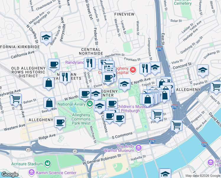 map of restaurants, bars, coffee shops, grocery stores, and more near in Pittsburgh