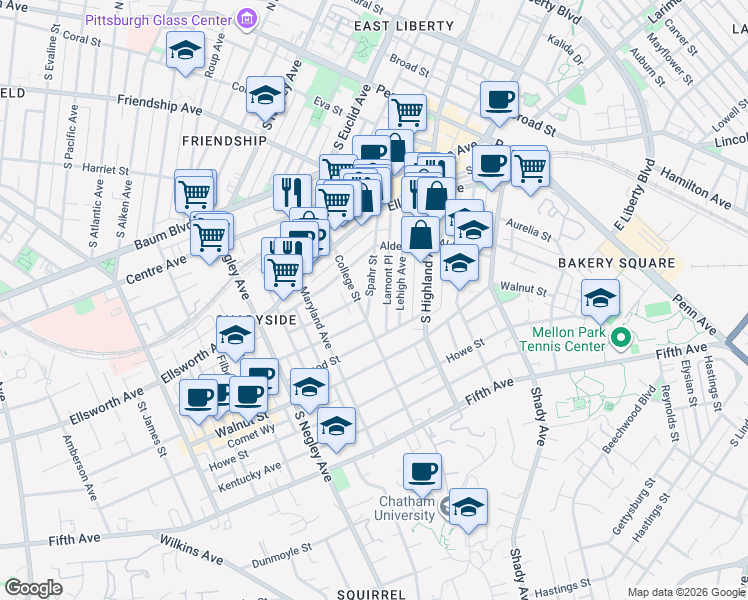 map of restaurants, bars, coffee shops, grocery stores, and more near 361 Spahr Street in Pittsburgh