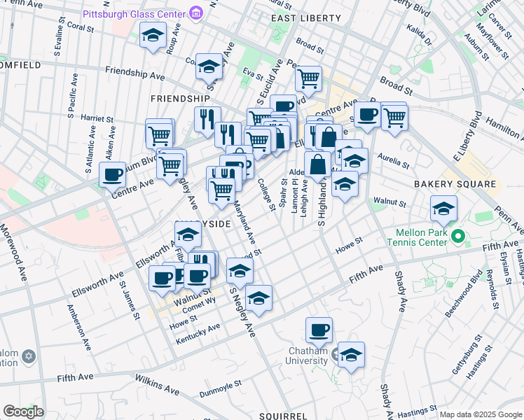 map of restaurants, bars, coffee shops, grocery stores, and more near 5824 Holden Street in Pittsburgh