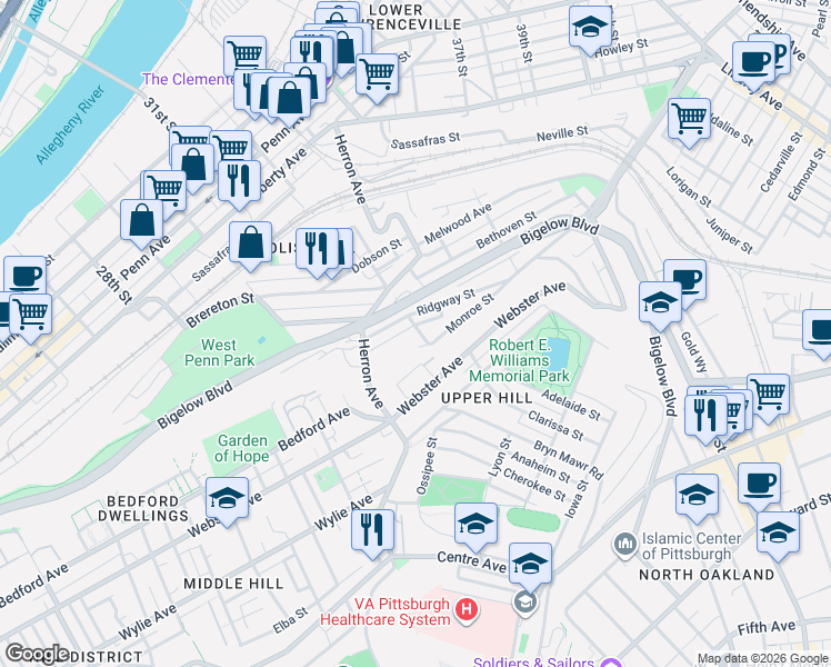 map of restaurants, bars, coffee shops, grocery stores, and more near 3377 Monroe Street in Pittsburgh