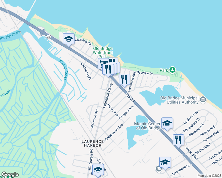 map of restaurants, bars, coffee shops, grocery stores, and more near 14 Laurence Parkway in Old Bridge
