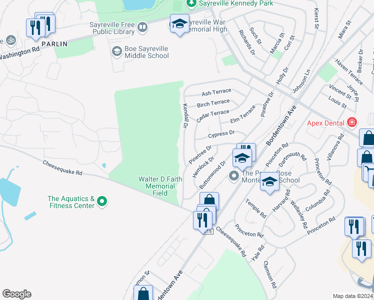 map of restaurants, bars, coffee shops, grocery stores, and more near 116 Kendall Drive in Sayreville