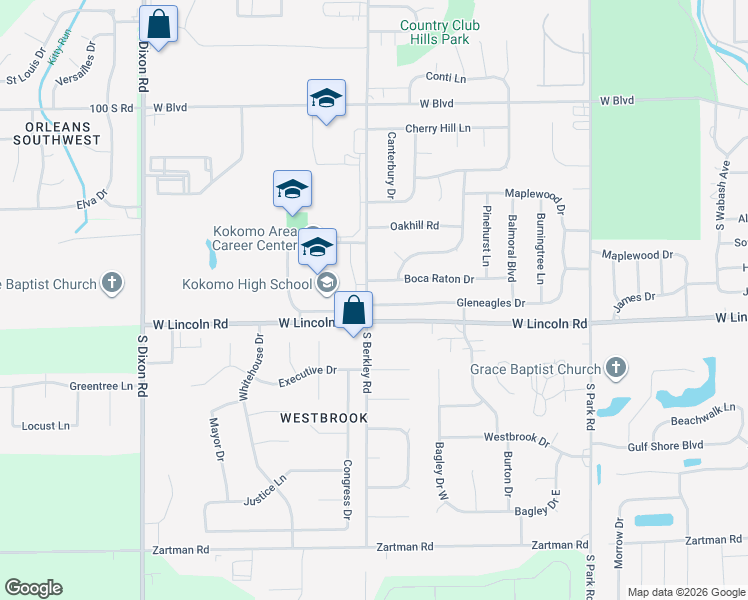map of restaurants, bars, coffee shops, grocery stores, and more near 2634-2698 South Berkley Road in Kokomo