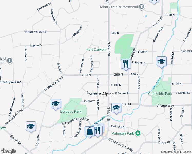 map of restaurants, bars, coffee shops, grocery stores, and more near 183 North 100 West in Alpine