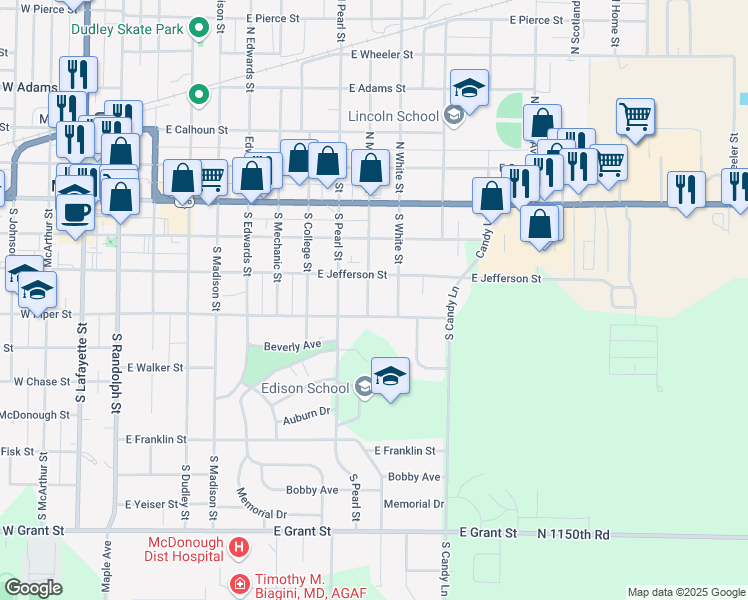 map of restaurants, bars, coffee shops, grocery stores, and more near 329 South Monroe Street in Macomb