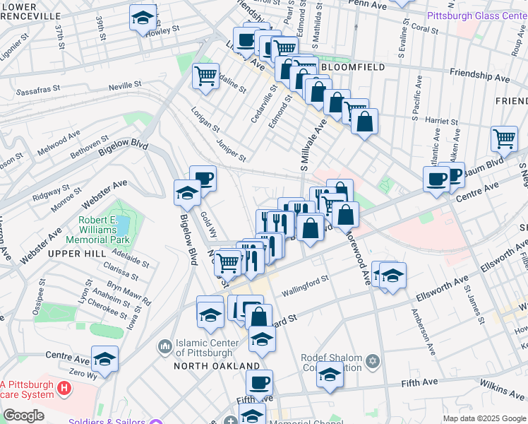 map of restaurants, bars, coffee shops, grocery stores, and more near 4709 Baum Boulevard in Pittsburgh