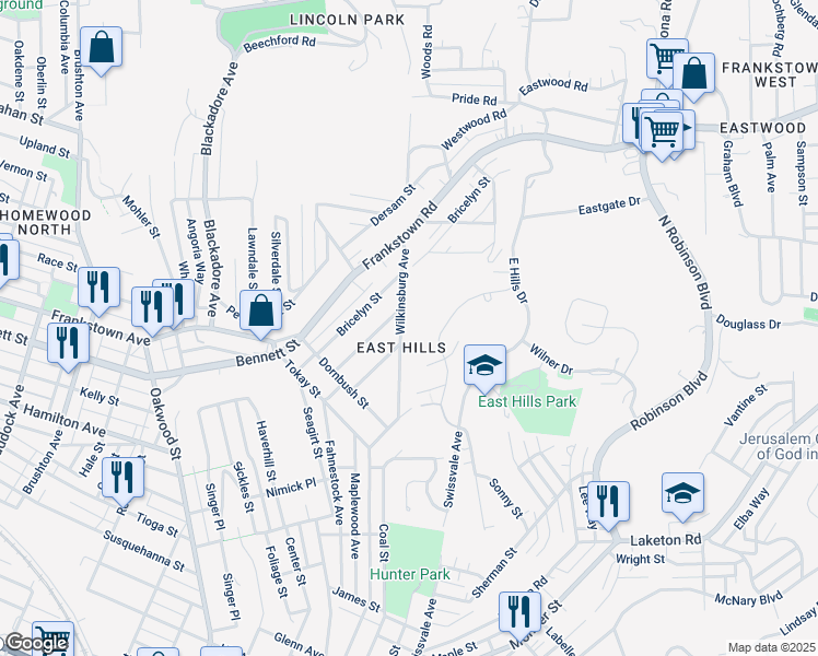 map of restaurants, bars, coffee shops, grocery stores, and more near 2335 Park Hill Drive in Pittsburgh