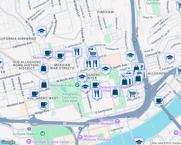 map of restaurants, bars, coffee shops, grocery stores, and more near in Pittsburgh