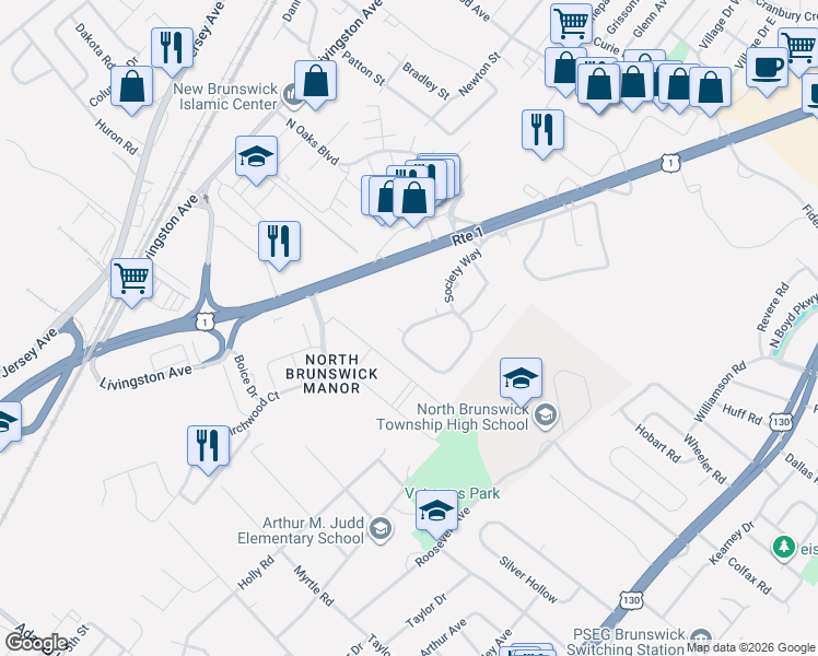 map of restaurants, bars, coffee shops, grocery stores, and more near 156 Pennsylvania Way in North Brunswick