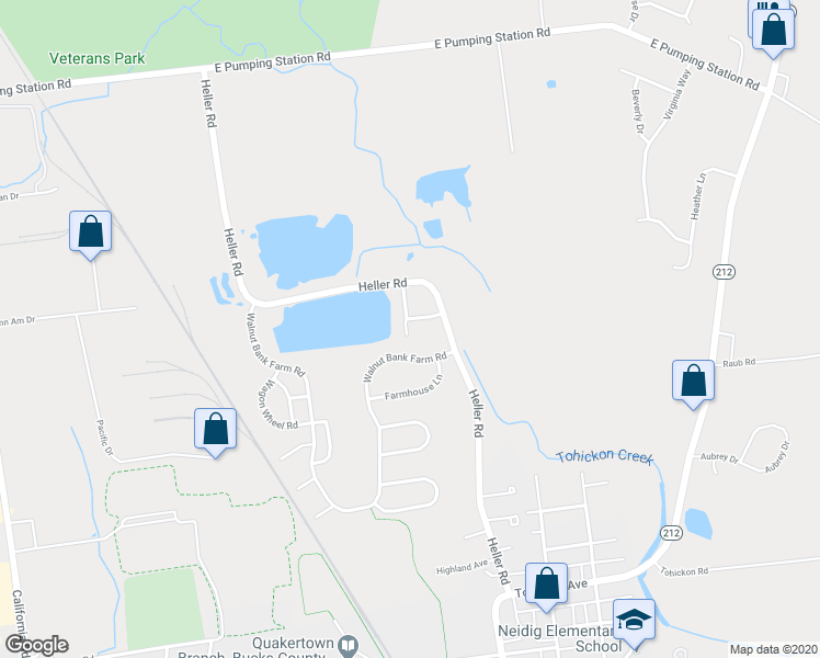 map of restaurants, bars, coffee shops, grocery stores, and more near 207 Pond View Court in Quakertown