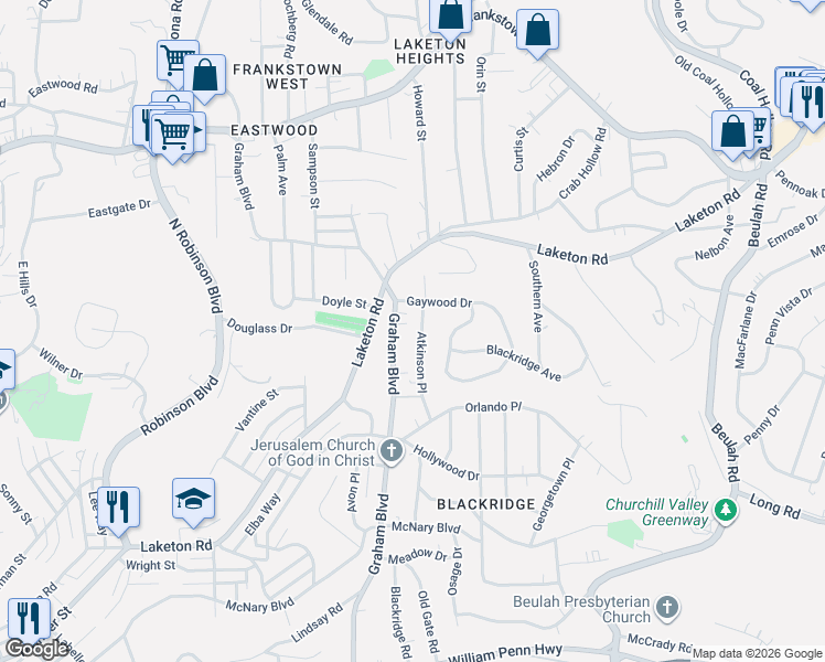 map of restaurants, bars, coffee shops, grocery stores, and more near 1842 Graham Boulevard in Pittsburgh