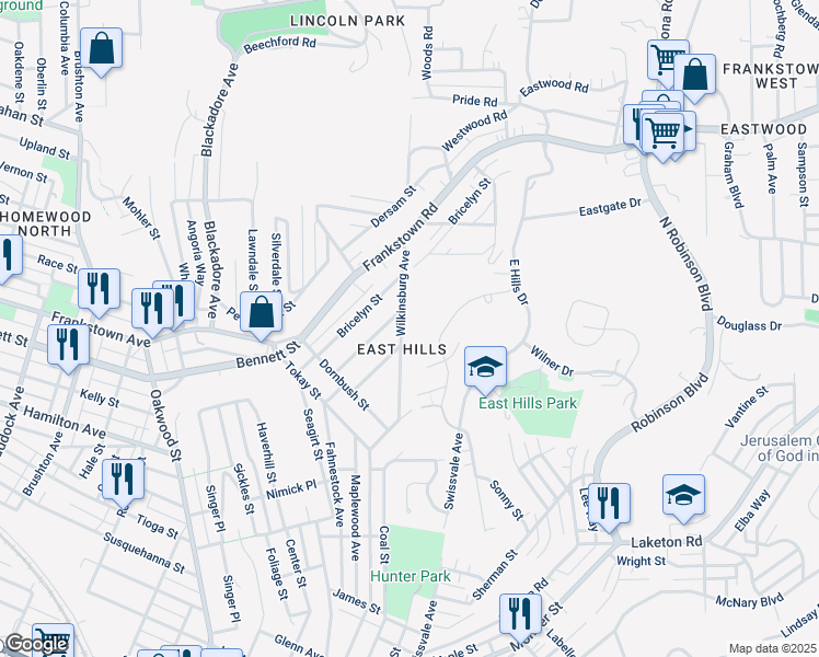 map of restaurants, bars, coffee shops, grocery stores, and more near 2335 Park Hill Drive in Pittsburgh
