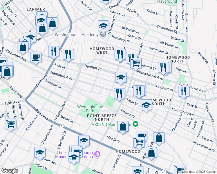 map of restaurants, bars, coffee shops, grocery stores, and more near 7054 Hamilton Avenue in Pittsburgh