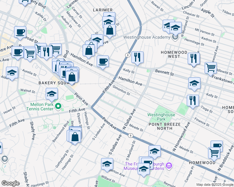 map of restaurants, bars, coffee shops, grocery stores, and more near 6730 McPherson Boulevard in Pittsburgh