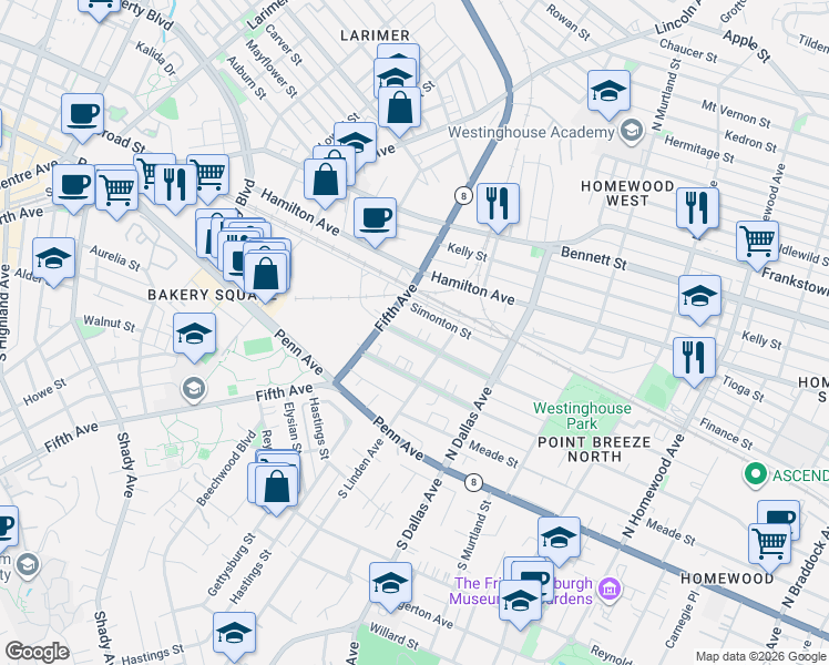map of restaurants, bars, coffee shops, grocery stores, and more near 6730 McPherson Boulevard in Pittsburgh