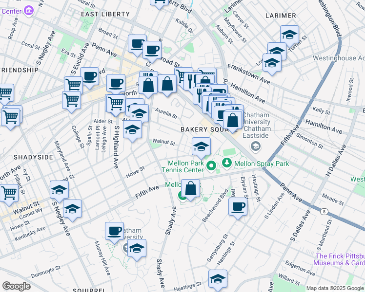 map of restaurants, bars, coffee shops, grocery stores, and more near 342 Denniston Street in Pittsburgh