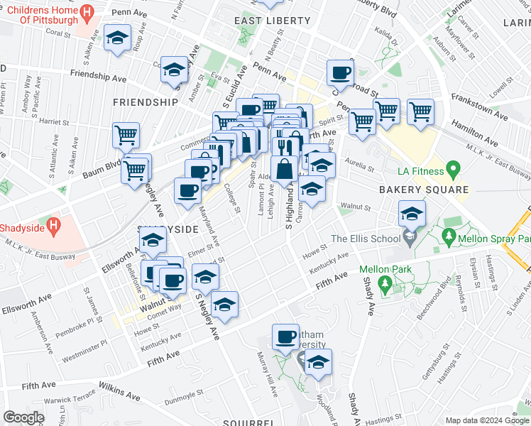 map of restaurants, bars, coffee shops, grocery stores, and more near 375 Lehigh Avenue in Pittsburgh
