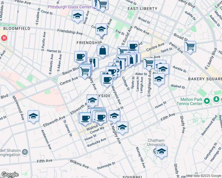 map of restaurants, bars, coffee shops, grocery stores, and more near 642 Maryland Avenue in Pittsburgh