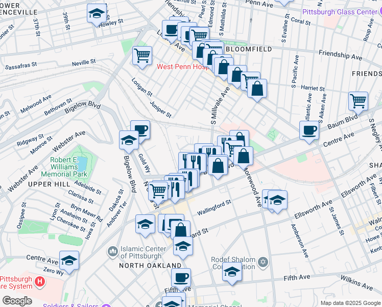 map of restaurants, bars, coffee shops, grocery stores, and more near 4709 Baum Boulevard in Pittsburgh