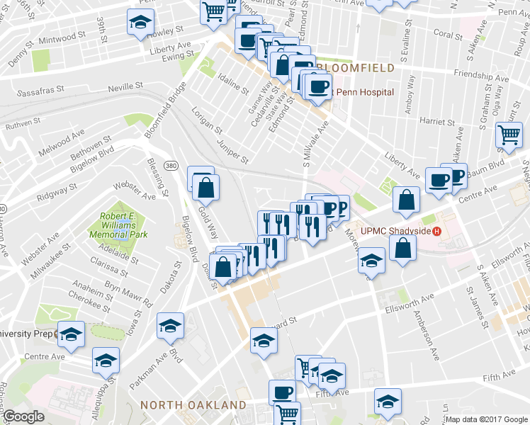 map of restaurants, bars, coffee shops, grocery stores, and more near 4709 Baum Boulevard in Pittsburgh