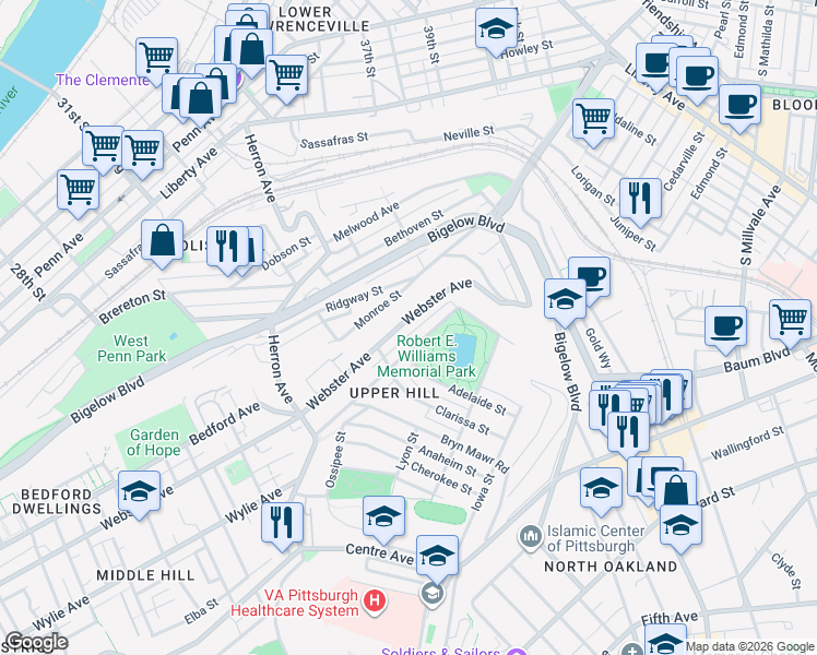 map of restaurants, bars, coffee shops, grocery stores, and more near 3437 Milwaukee Street in Pittsburgh