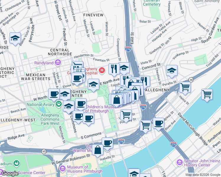 map of restaurants, bars, coffee shops, grocery stores, and more near in Pittsburgh