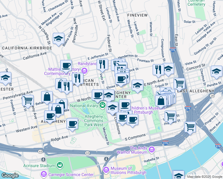 map of restaurants, bars, coffee shops, grocery stores, and more near in Pittsburgh