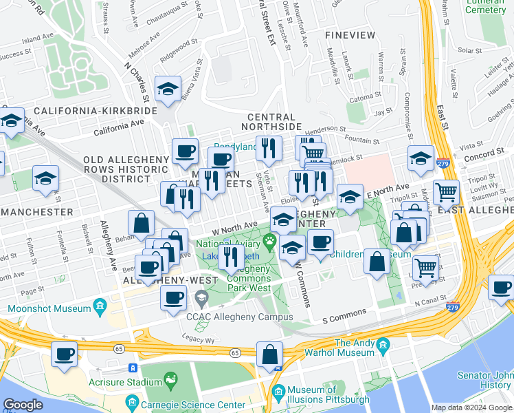 map of restaurants, bars, coffee shops, grocery stores, and more near 302 West North Avenue in Pittsburgh