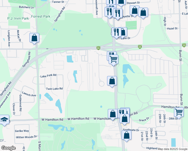 map of restaurants, bars, coffee shops, grocery stores, and more near 38 Ronald Drive in Bloomington