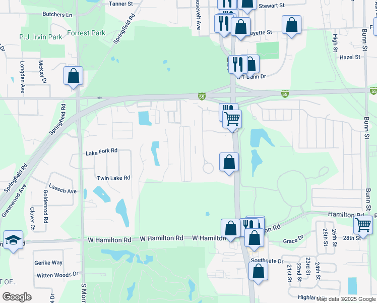 map of restaurants, bars, coffee shops, grocery stores, and more near 38 Ronald Drive in Bloomington