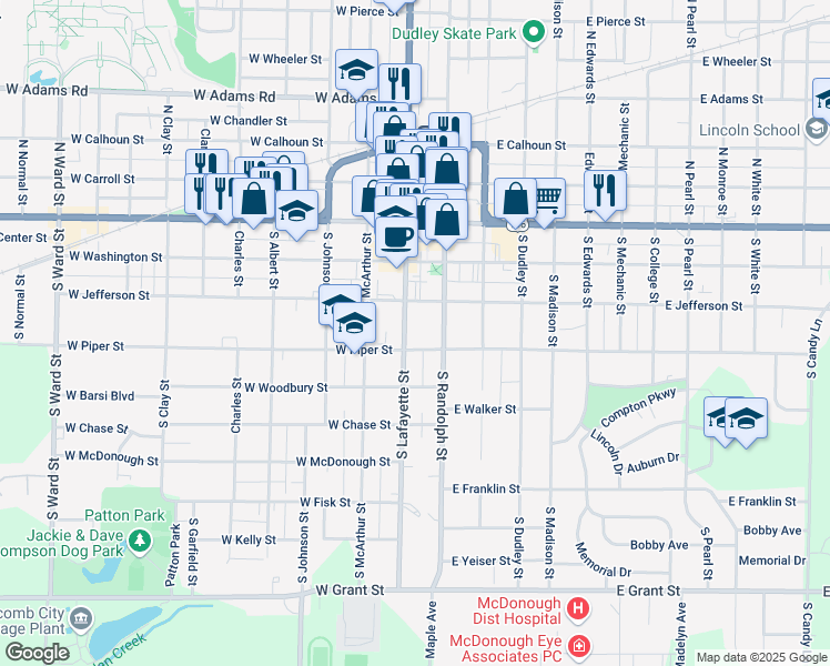 map of restaurants, bars, coffee shops, grocery stores, and more near 402 South Lafayette Street in Macomb