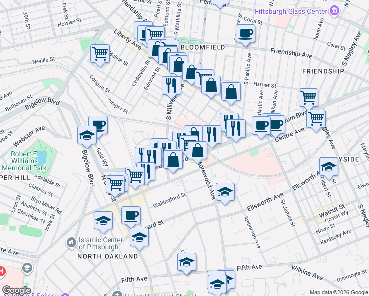 map of restaurants, bars, coffee shops, grocery stores, and more near 222 Morewood Avenue in Pittsburgh