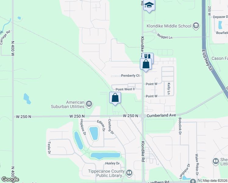 map of restaurants, bars, coffee shops, grocery stores, and more near 261 Point West II in West Lafayette