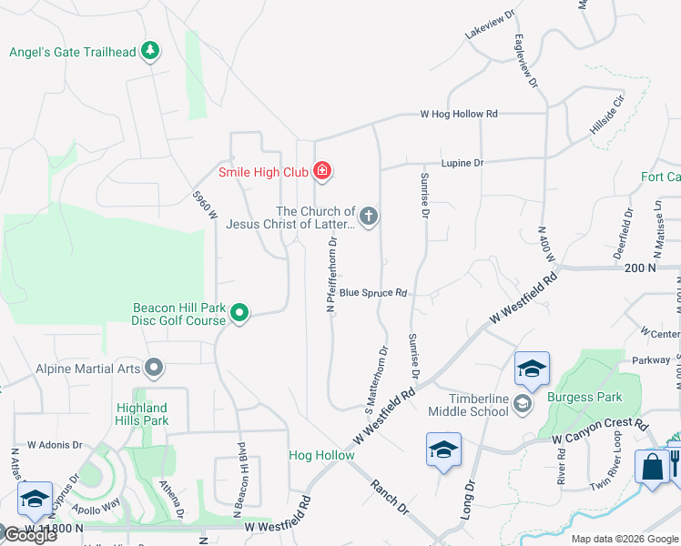 map of restaurants, bars, coffee shops, grocery stores, and more near 190 North Pfeifferhorn Drive in Alpine