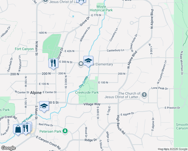 map of restaurants, bars, coffee shops, grocery stores, and more near 550 Blackhawk Lane in Alpine