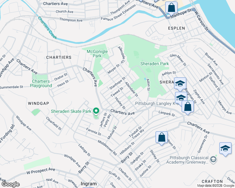 map of restaurants, bars, coffee shops, grocery stores, and more near 3233 Huxley Street in Pittsburgh