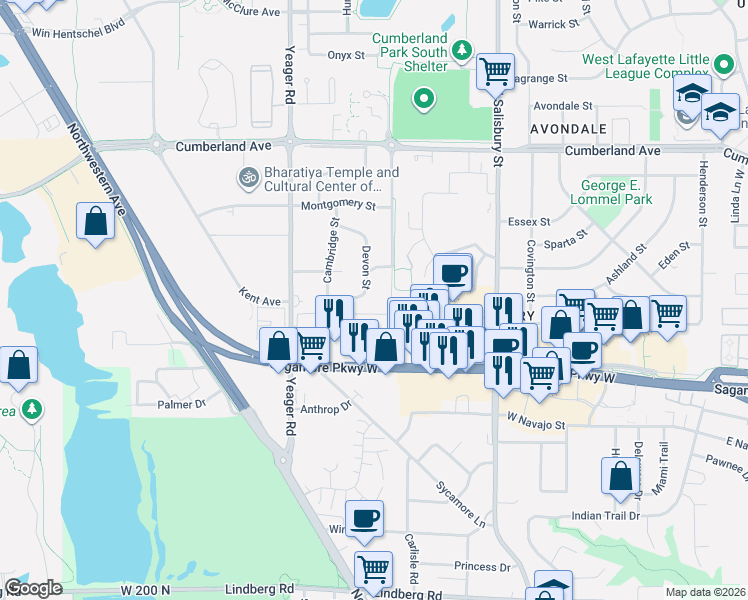 map of restaurants, bars, coffee shops, grocery stores, and more near 2611 Manchester Street in West Lafayette