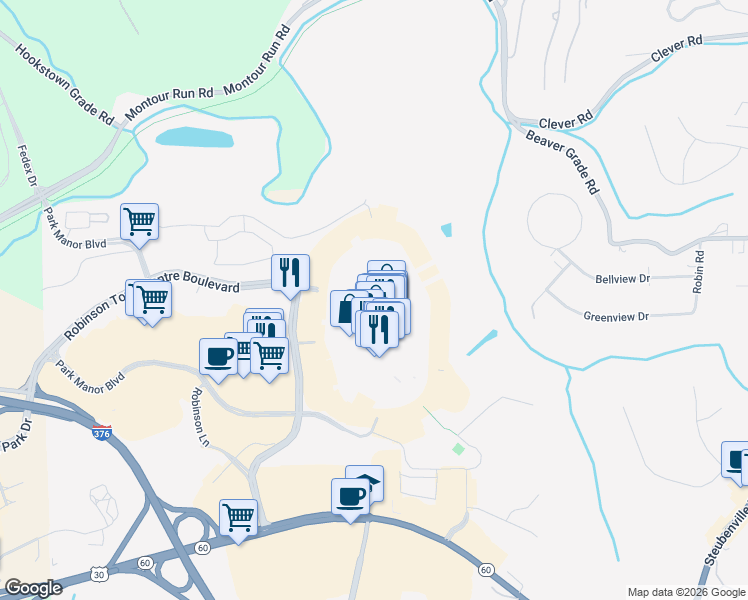map of restaurants, bars, coffee shops, grocery stores, and more near 2000 Robinson Town Centre Boulevard in Pittsburgh
