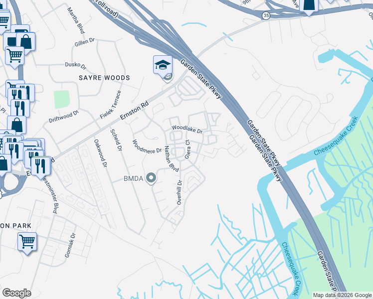 map of restaurants, bars, coffee shops, grocery stores, and more near 87 Giera Court in Sayreville