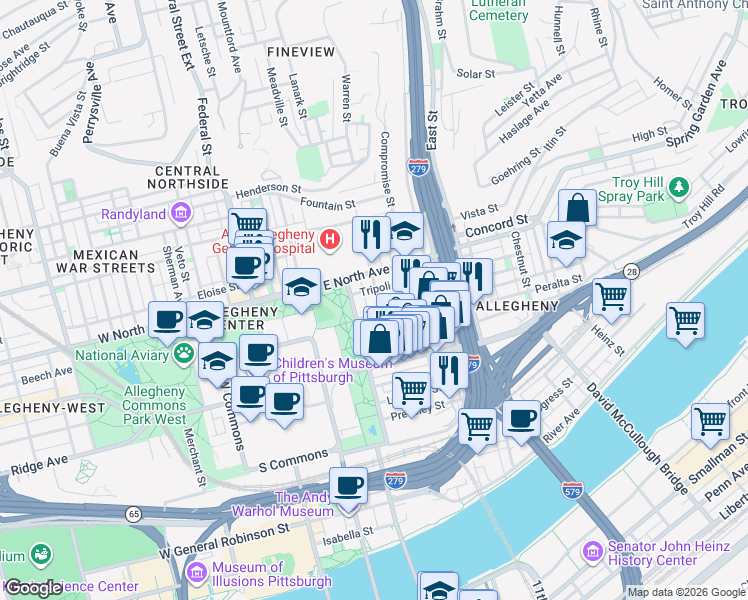 map of restaurants, bars, coffee shops, grocery stores, and more near 917 James Street in Pittsburgh