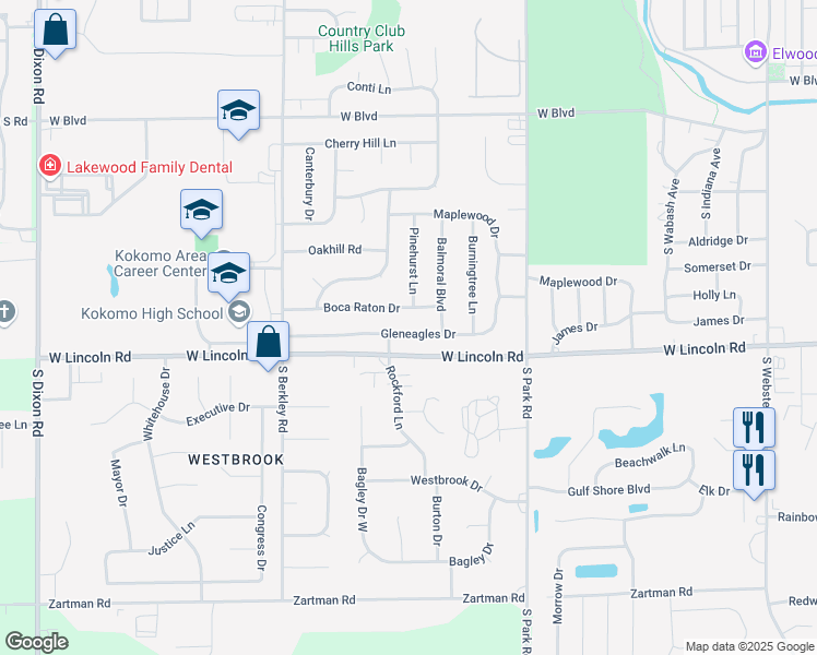 map of restaurants, bars, coffee shops, grocery stores, and more near 1500 Gleneagles Drive in Kokomo